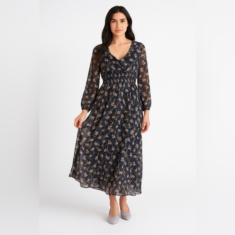 Dex NWT Floral Cherry Blossom Navy Blue Long Sleeve Maxi Dress- Size Small